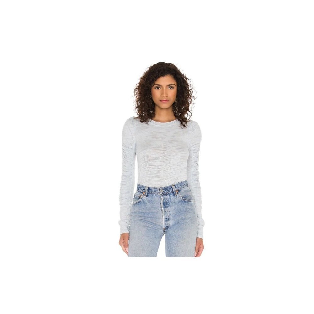 Free People Woman’s Natasha Tee Ruched Longsleeve Light Denim Blue SZ XS